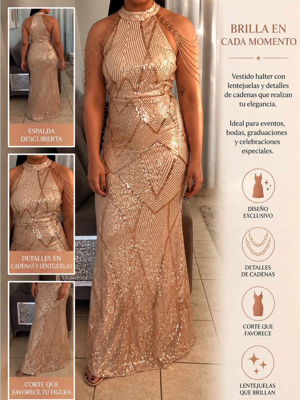 Elegant Rose Gold Sequin Evening Gown - Picture 1 of 1